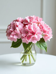 Aufkleber - A Beautiful Bouquet Of Pink Hydrangeas Adorns A Crisp White Table, Adding A Touch Of Elegance To The Empty Space Around It. 00001