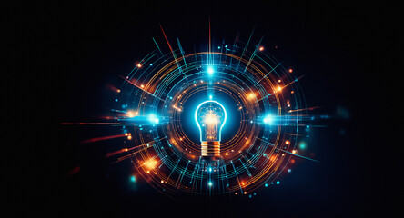 Aufkleber - Abstract glowing light bulb at the center of a dark backdrop. Radiating lines and circles with blue and orange colors suggest innovation, energy, and technology.