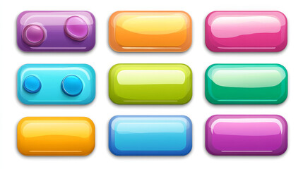 Poster - Rectangular buttons for game menu, mobile app or website interface. Vector cartoon set of blank glossy web buttons rainbow colors isolated on white background