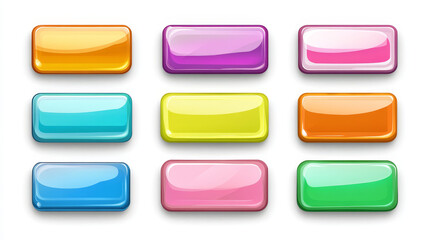 Poster - Rectangular buttons for game menu, mobile app or website interface. Vector cartoon set of blank glossy web buttons rainbow colors isolated on white background