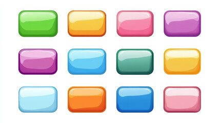 Poster - Rectangular buttons for game menu, mobile app or website interface. Vector cartoon set of blank glossy web buttons rainbow colors isolated on white background