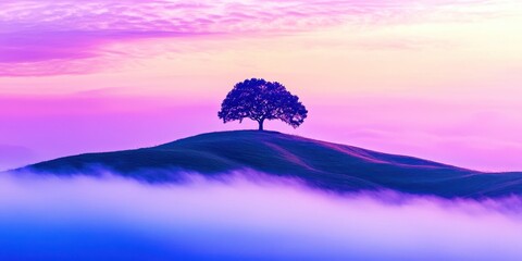 Poster - Tree is on a hill with a purple sky