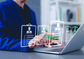 recruitment and candidate selection concept. businessman interacts with digital interface with multi