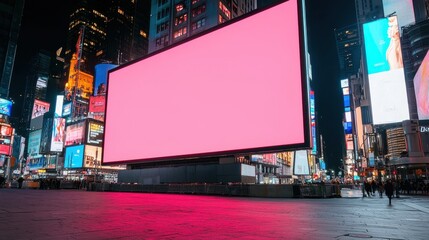 Poster - A large, empty digital billboard in Times Square, illuminated at night with surrounding vibrant lights and urban scenery.