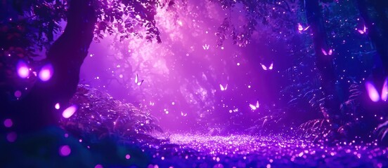 Poster - Purple forest with butterflies flying around