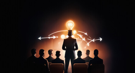 Poster - A presenter sharing a bright idea with an audience in a dark room.  A glowing light bulb above the speaker symbolizes innovation and inspiration during a presentation.