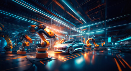 Poster - Futuristic factory scene featuring robotic arms assembling a sleek car under vibrant neon lights. Advanced automation and technology are at play in this modern industrial setting.
