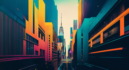 Fototapete - Vibrant abstract cityscape with a perspective view looking down a street. Tall buildings in bright orange, yellow, green, and blue hues surround a central tower.