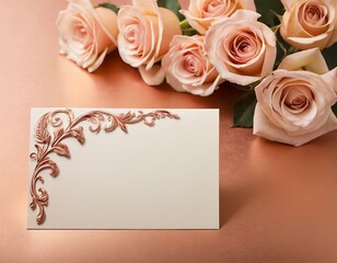 Wall Mural - Elegant rose bouquet with a blank card on a copper surface, perfect for special occasions.