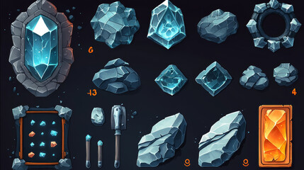 Poster - Stone and crystal game ui app buttons, icons, boards or plaques set. Cartoon rocky and glossy menu interface colorful blocks, rectangular panels. Isolated 2d vector gui graphic design elements