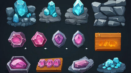 Poster - Stone and crystal game ui app buttons, icons, boards or plaques set. Cartoon rocky and glossy menu interface colorful blocks, rectangular panels. Isolated 2d vector gui graphic design elements