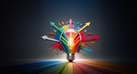 Poster - Vibrant light bulb with rainbow colors and arrows pointing outwards, representing innovative ideas and creative solutions.