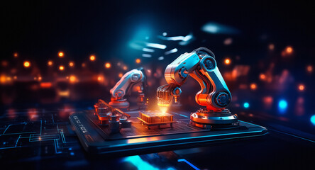 Poster - Two robotic arms meticulously assemble components on a circuit board in a brightly lit, futuristic industrial setting.  Precision and automation are at the forefront.