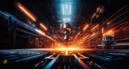 Poster - A futuristic industrial scene depicts a robotic arm emitting bright orange and blue light in a dark, metallic environment. Sparks and rays of light illuminate the technological space.