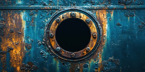 Poster - Rusted metal window with a hole in the middle