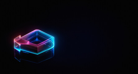 Aufkleber - Glowing isometric geometric shape in neon pink and blue on a dark background. It resembles a cube with an arrow wrapping around.
