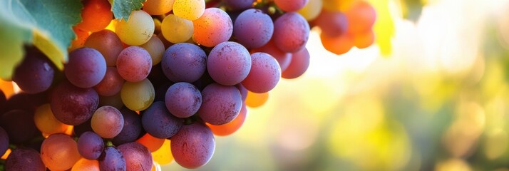 Aufkleber - Vibrant bunch of grapes hanging on vine during golden hour in vineyard. Generative AI