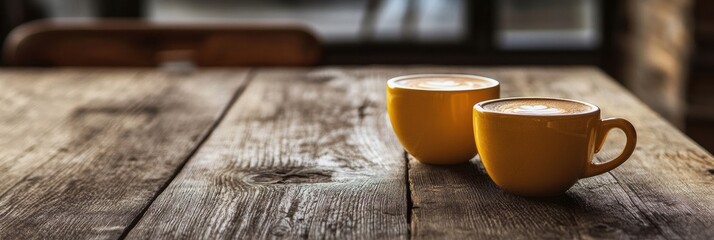 Fototapete - Two yellow cups of coffee on a rustic wooden table in a cozy cafe during the late afternoon light. Generative AI