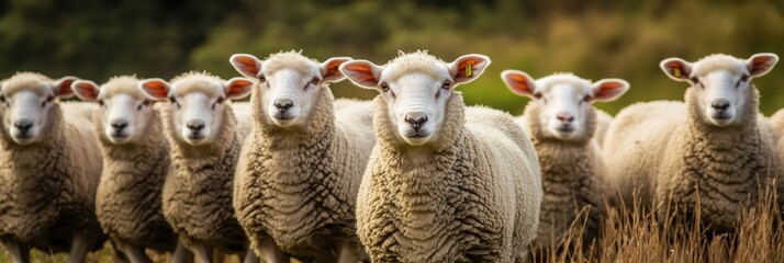 Aufkleber - Sheep grazing in a lush green field during golden hour with sunlight illuminating their woolly coats. Generative AI