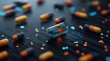 Poster - Digital capsule on dark background with colorful pills and circuits