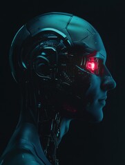Leinwandbilder - Profile view of a futuristic human head featuring mechanical structures and a glowing robotic eye. Generative AI