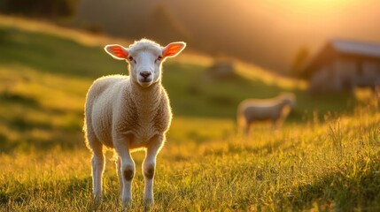 Aufkleber - Cute lamb standing in a green meadow during sunset with another sheep in the background. Generative AI