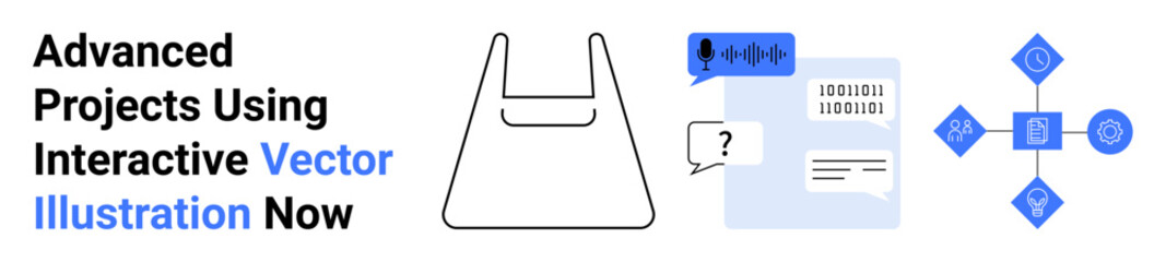 Digital interface mockup combining speech bubble, binary code, question icon, and dynamic network elements. Ideal for education, technology, communication, data analysis, design innovation flat