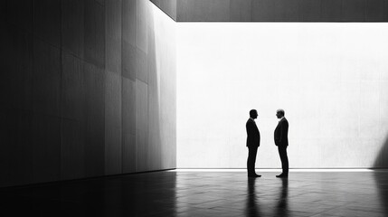 Fototapete - Business professionals negotiate in silhouette with minimalist black and white aesthetic in a modern space. Generative AI