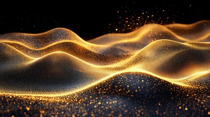 Wall Mural - shimmering golden sand explosion forming abstract waves, high contrast black