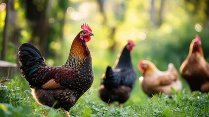 Poster - Colorful free range hens roaming in a vibrant green garden during the golden hour of late afternoon. Generative AI