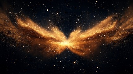 Wall Mural - symmetrical golden sand burst, fine particles floating in a dark space