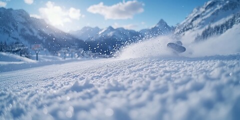 Skier spraying fresh powder snow on sunny ski slope in mountain resort