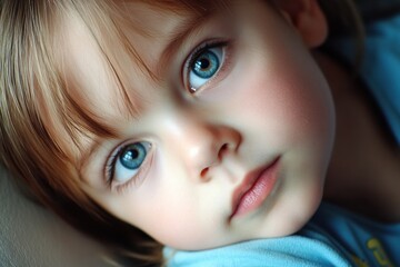 Poster - Young child with striking blue eyes gazing thoughtfully while resting indoors on a soft surface surrounded by natural light. Generative AI