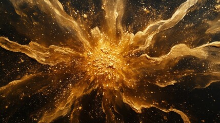 Wall Mural - top view of golden fine sand exploding outward, intricate textures on a black background