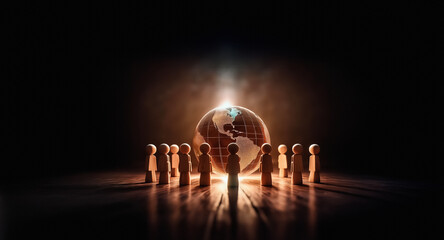 Poster - Illuminated globe surrounded by wooden figures in a circle against a dark backdrop, suggesting unity and global community with a sense of enlightenment.