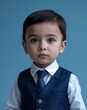 © Arceli - A toddler boy in formal attire in close up portrait on a plain sky blue background