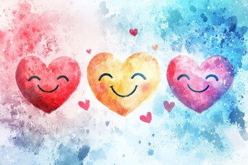 Fototapete - Colorful watercolor hearts with smiling faces on a vibrant background of blue and red hues. Generative AI