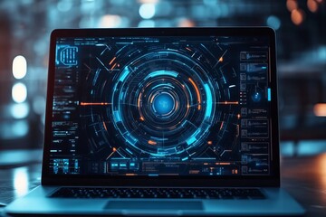 Poster - Futuristic Technology Laptop Screen Digital Interface Design Abstract Background Modern Blue Orange Neon Glowing Circles Lines Elegant Professional   