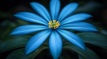 Wall Mural - A stunning close-up of a vibrant blue flower with yellow stamens, set against a dark background, This image is ideal for nature-themed projects, floral designs, or wellness and relaxation contexts,