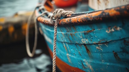 Fototapete - Old wooden boat with vibrant blue paint at the dock reflecting serene waters in late afternoon light. Generative AI