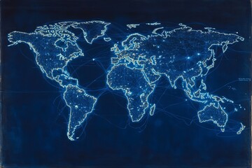 Poster - Global Network Connections Illuminated World Map Digital Art Abstract Blue Glowing Lines Modern Technology Background Illustration Design Graphic     