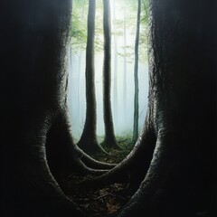 Aufkleber - A painting of a forest with three trees and a large hole in the middle