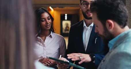 Poster - Tablet, meeting and conference with business people in office for research, networking and seminar schedule. Convention center, keynote speaker and collaboration with employees in hotel lobby