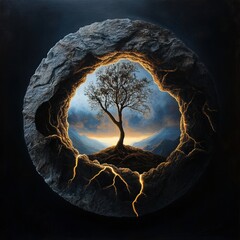 Poster - A tree is growing out of a hole in a rock