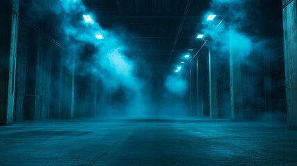 Poster - Under dim blue lights, an eerie silence fills the empty concrete floor of a dark alley. Fog creeps along the ground, creating an otherworldly ambiance that invites curiosity and intrigue