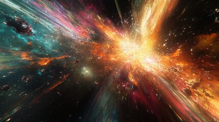 Poster - a stunning visualization of a particle explosion in space, with vibrant colors and light trails crea
