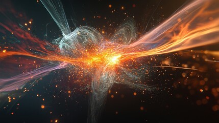 Poster - a stunning visualization of a particle explosion in space, with vibrant colors and light trails crea