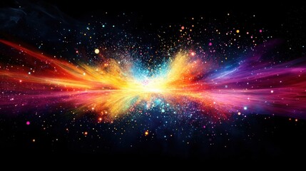 Poster - a stunning visualization of a particle explosion in space, with vibrant colors and light trails crea