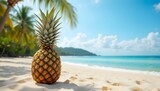 Pineapple on Tropical Beach with Blue Ocean and Palm Trees