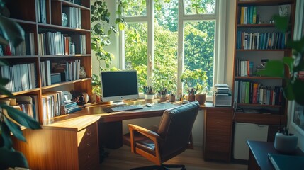 Poster - A stylish home office with a wooden desk, comfortable chair, and shelves filled with books and personal items